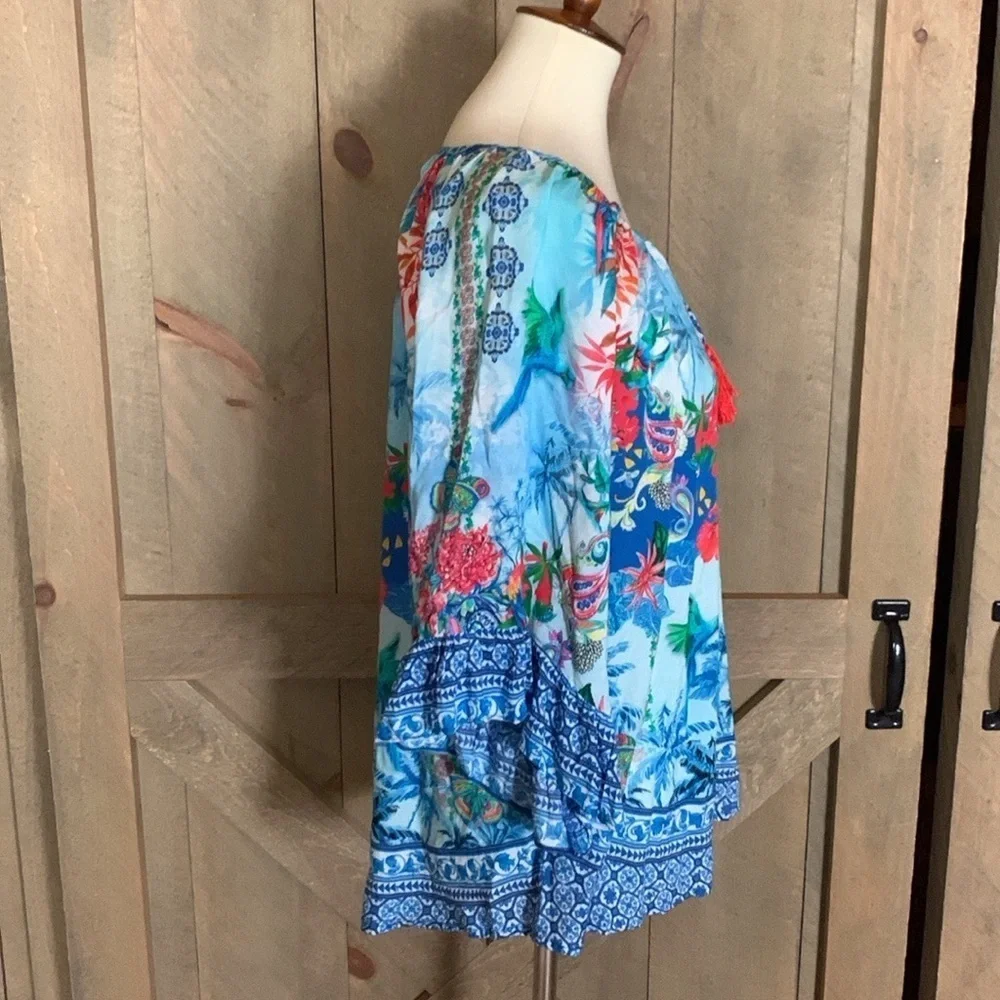 Lulalife colorful rayon blouse with tassel ties Size Small
